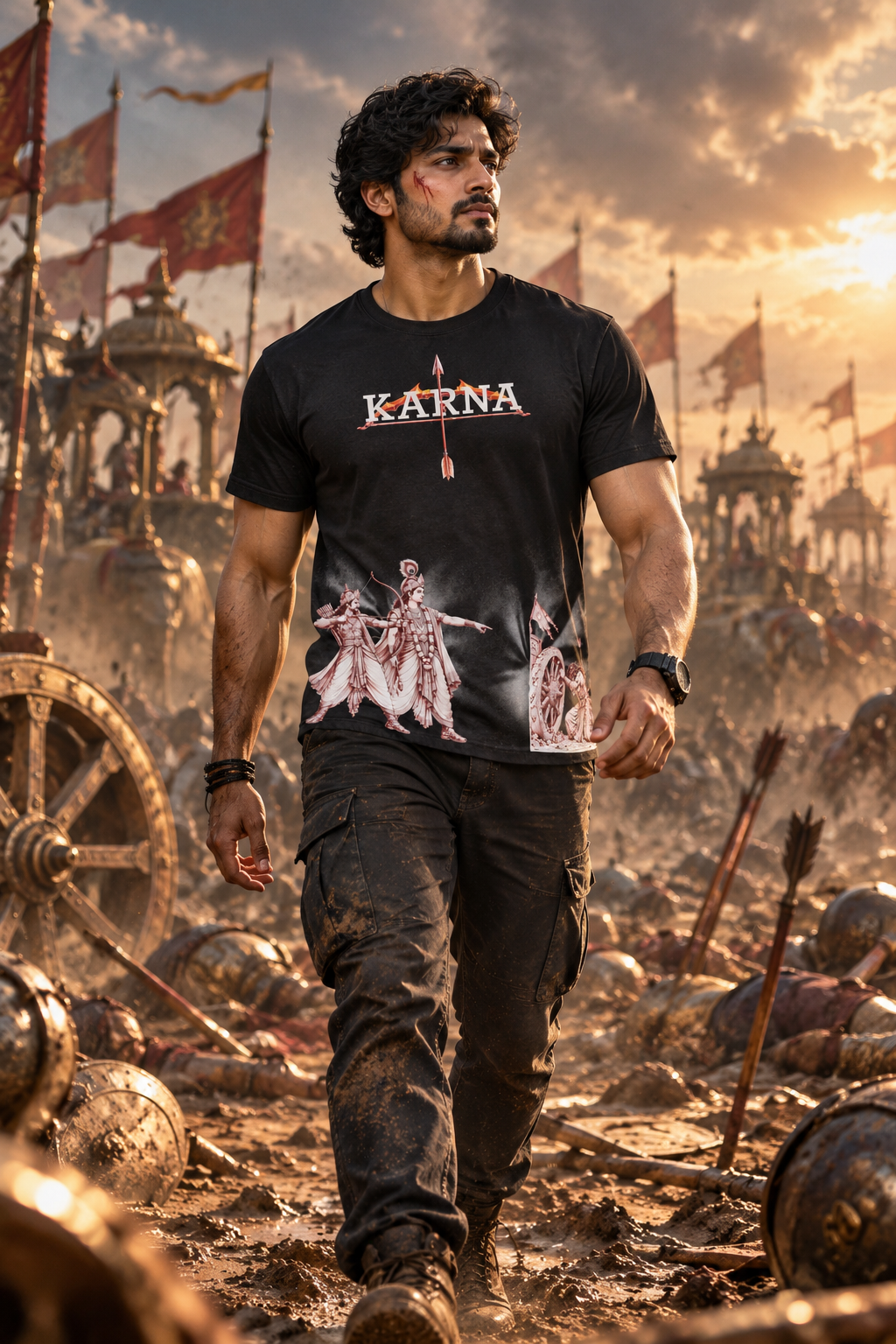 Karna: The Great Warrior – Black T-Shirt Graphic T-Shirt(180 GSM • Regular Fit • 100% Cotton)